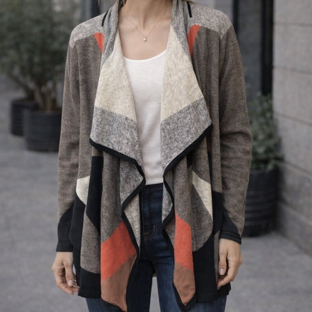 Tribal Waterfall Cardigan XL Open Front Knit Neutral Colorblock Cozy